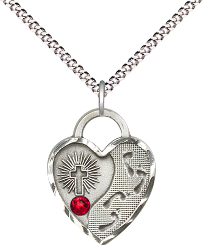 Sterling Silver Footprints Heart Pendant with a 3mm Ruby Swarovski stone on a 18 inch Light Rhodium Light Curb chain