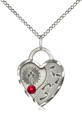 Sterling Silver Footprints Heart Pendant with a 3mm Ruby Swarovski stone on a 18 inch Sterling Silver Light Curb chain