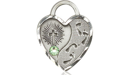 Sterling Silver Footprints Heart Medal with a 3mm Peridot Swarovski stone