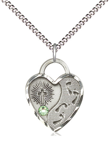 Sterling Silver Footprints Heart Pendant with a 3mm Peridot Swarovski stone on a 18 inch Light Rhodium Light Curb chain