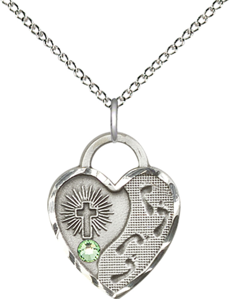 Sterling Silver Footprints Heart Pendant with a 3mm Peridot Swarovski stone on a 18 inch Sterling Silver Light Curb chain