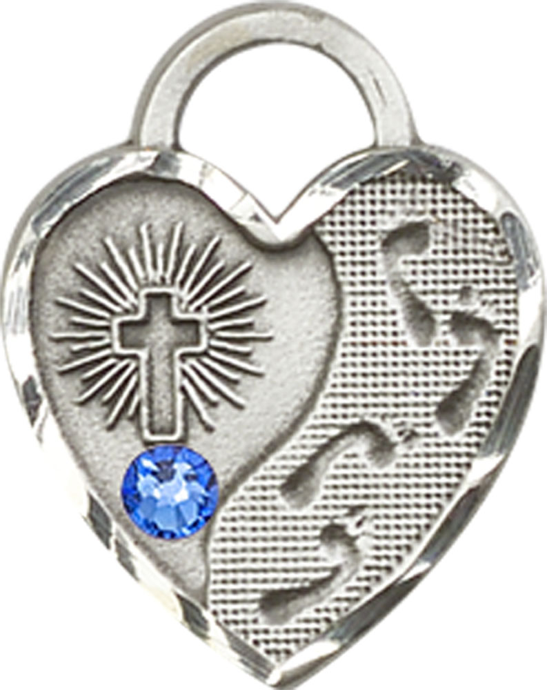 Sterling Silver Footprints Heart Medal with a 3mm Sapphire Swarovski stone