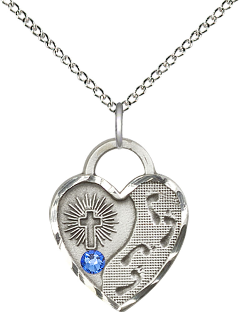 Sterling Silver Footprints Heart Pendant with a 3mm Sapphire Swarovski stone on a 18 inch Sterling Silver Light Curb chain