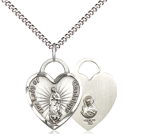 Sterling Silver Our Lady of Guadalupe Heart Pendant on a 18 inch Light Rhodium Light Curb chain