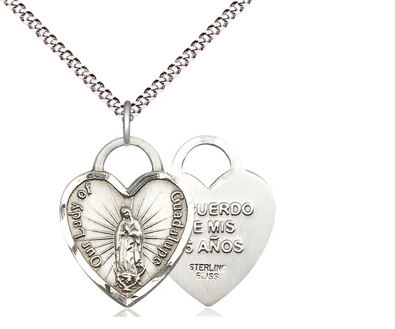 Sterling Silver Our Lady of Guadalupe Heart Recuerdo Pendant on a 18 inch Light Rhodium Light Curb chain