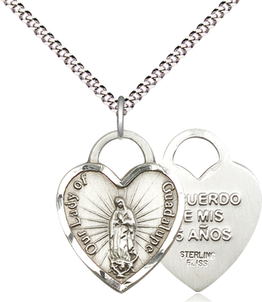Sterling Silver Our Lady of Guadalupe Heart Recuerdo Pendant on a 18 inch Light Rhodium Light Curb chain