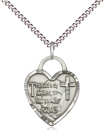 Sterling Silver Lord Is My Shepherd Heart Pendant on a 18 inch Light Rhodium Light Curb chain