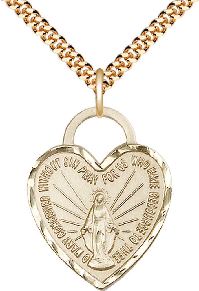14kt Gold Filled Miraculous Heart Pendant on a 24 inch Gold Plate Heavy Curb chain