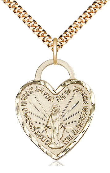14kt Gold Filled Miraculous Heart Pendant on a 24 inch Gold Plate Heavy Curb chain