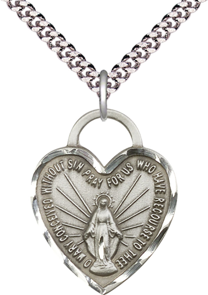 Sterling Silver Miraculous Heart Pendant on a 24 inch Light Rhodium Heavy Curb chain
