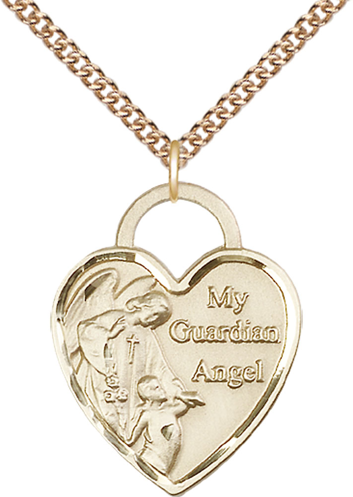 14kt Gold Filled Guardian Angel Heart Pendant on a 24 inch Gold Filled Heavy Curb chain