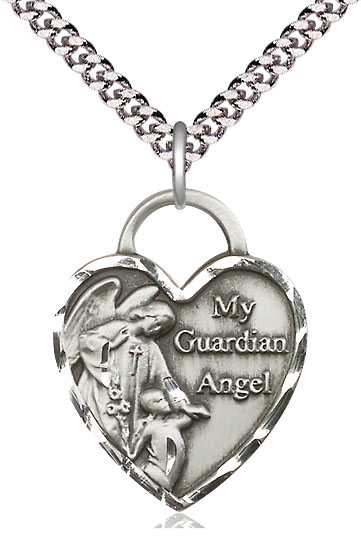 Sterling Silver Guardian Angel Heart Pendant on a 24 inch Light Rhodium Heavy Curb chain