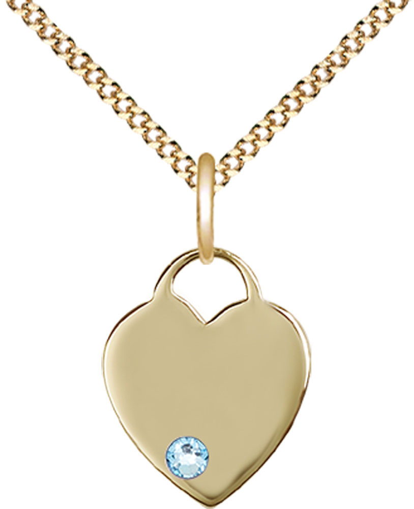 14kt Gold Filled Heart Pendant with a 3mm Aqua Swarovski stone on a 18 inch Gold Plate Light Curb chain