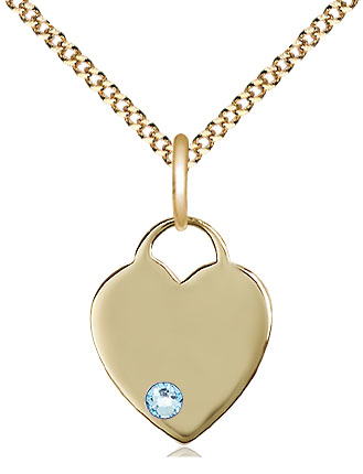 14kt Gold Filled Heart Pendant with a 3mm Aqua Swarovski stone on a 18 inch Gold Plate Light Curb chain