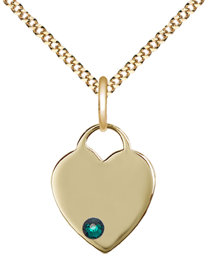 14kt Gold Filled Heart Pendant with a 3mm Emerald Swarovski stone on a 18 inch Gold Plate Light Curb chain