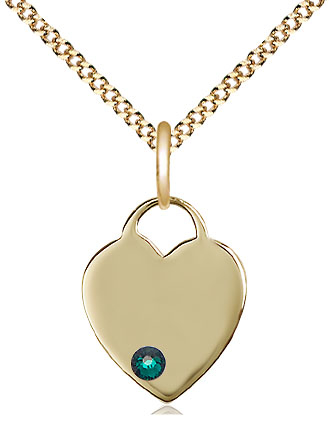 14kt Gold Filled Heart Pendant with a 3mm Emerald Swarovski stone on a 18 inch Gold Plate Light Curb chain