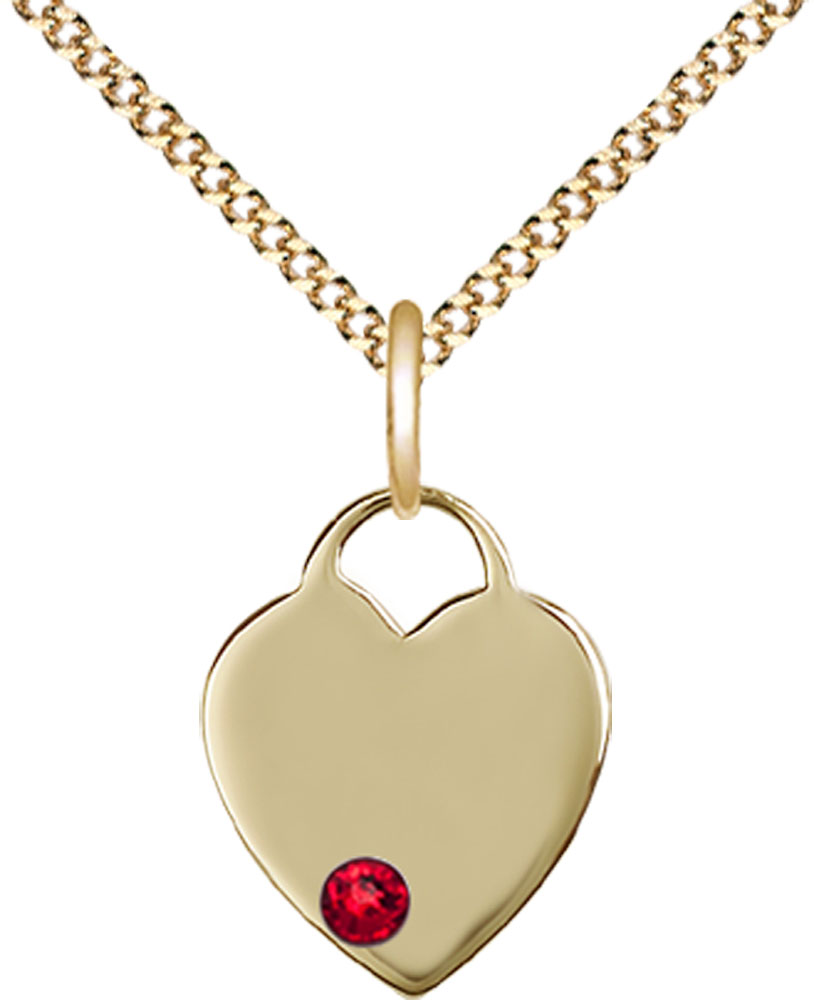 14kt Gold Filled Heart Pendant with a 3mm Ruby Swarovski stone on a 18 inch Gold Plate Light Curb chain