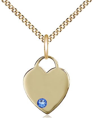 14kt Gold Filled Heart Pendant with a 3mm Sapphire Swarovski stone on a 18 inch Gold Plate Light Curb chain