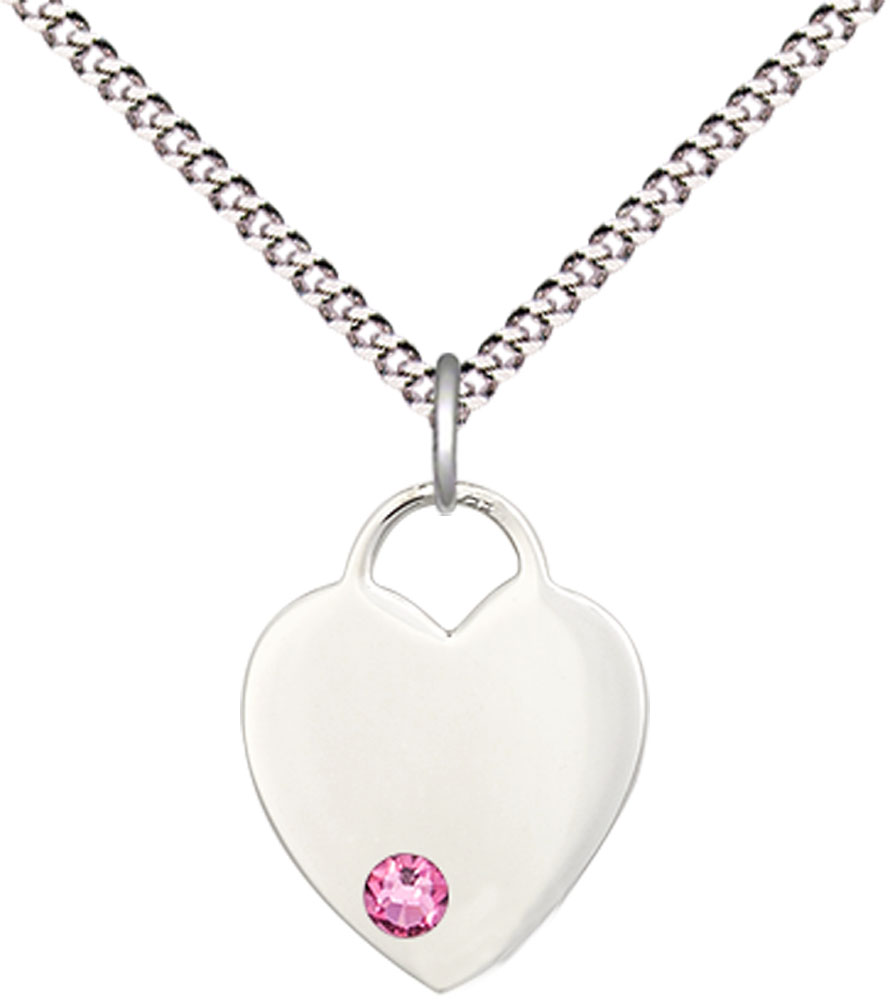 Sterling Silver Heart Pendant with a 3mm Rose Swarovski stone on a 18 inch Light Rhodium Light Curb chain