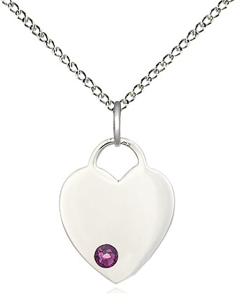 Sterling Silver Heart Pendant with a 3mm Amethyst Swarovski stone on a 18 inch Sterling Silver Light Curb chain