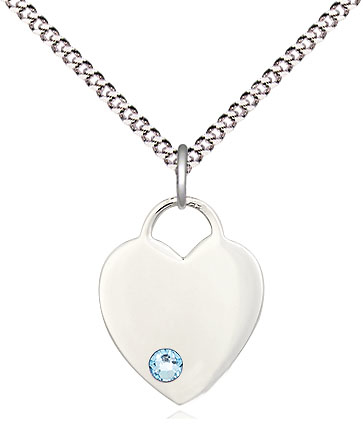 Sterling Silver Heart Pendant with a 3mm Aqua Swarovski stone on a 18 inch Light Rhodium Light Curb chain