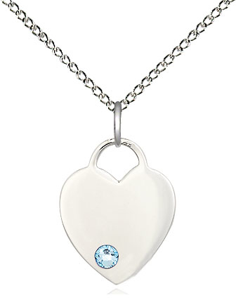 Sterling Silver Heart Pendant with a 3mm Aqua Swarovski stone on a 18 inch Sterling Silver Light Curb chain