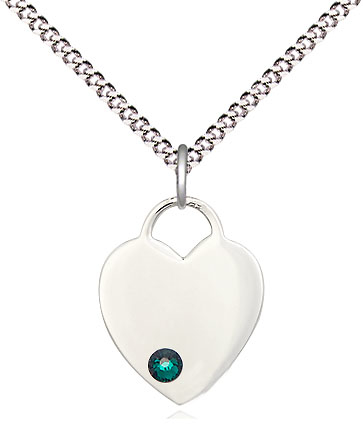 Sterling Silver Heart Pendant with a 3mm Emerald Swarovski stone on a 18 inch Light Rhodium Light Curb chain