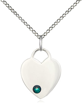 Sterling Silver Heart Pendant with a 3mm Emerald Swarovski stone on a 18 inch Sterling Silver Light Curb chain