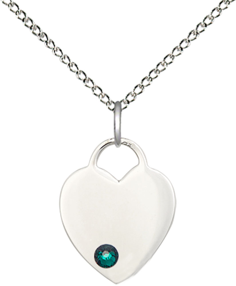Sterling Silver Heart Pendant with a 3mm Emerald Swarovski stone on a 18 inch Sterling Silver Light Curb chain