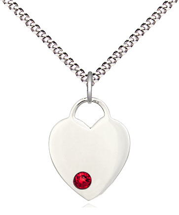 Sterling Silver Heart Pendant with a 3mm Ruby Swarovski stone on a 18 inch Light Rhodium Light Curb chain