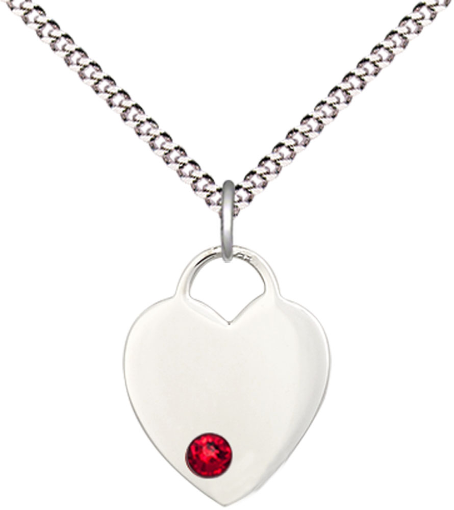 Sterling Silver Heart Pendant with a 3mm Ruby Swarovski stone on a 18 inch Light Rhodium Light Curb chain