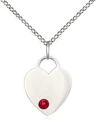 Sterling Silver Heart Pendant with a 3mm Ruby Swarovski stone on a 18 inch Sterling Silver Light Curb chain