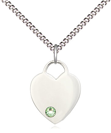 Sterling Silver Heart Pendant with a 3mm Peridot Swarovski stone on a 18 inch Light Rhodium Light Curb chain