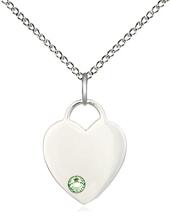 Sterling Silver Heart Pendant with a 3mm Peridot Swarovski stone on a 18 inch Sterling Silver Light Curb chain