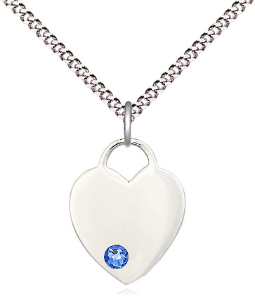 Sterling Silver Heart Pendant with a 3mm Sapphire Swarovski stone on a 18 inch Light Rhodium Light Curb chain