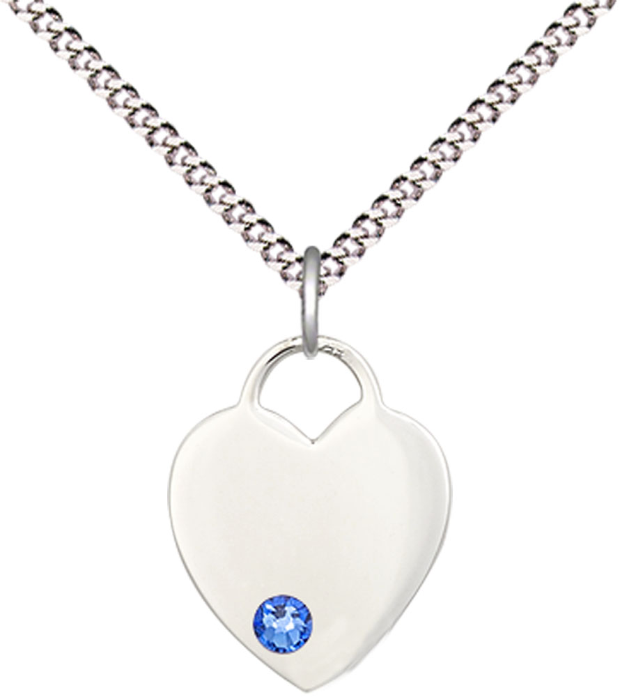 Sterling Silver Heart Pendant with a 3mm Sapphire Swarovski stone on a 18 inch Light Rhodium Light Curb chain