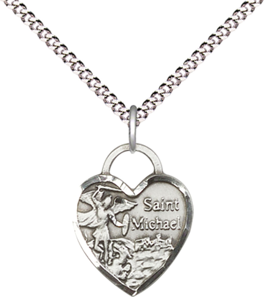 Sterling Silver Saint Michael Heart Pendant on a 18 inch Light Rhodium Light Curb chain
