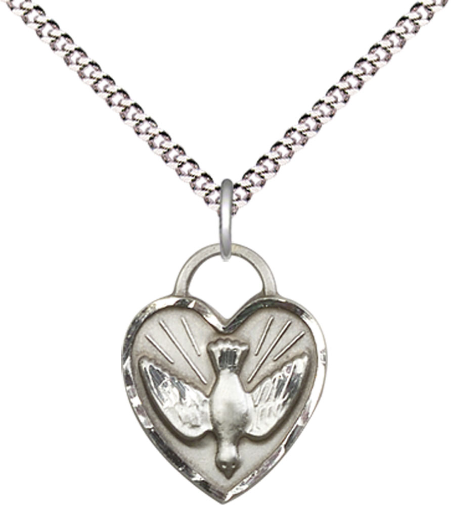 Sterling Silver Confirmation Heart Pendant on a 18 inch Light Rhodium Light Curb chain