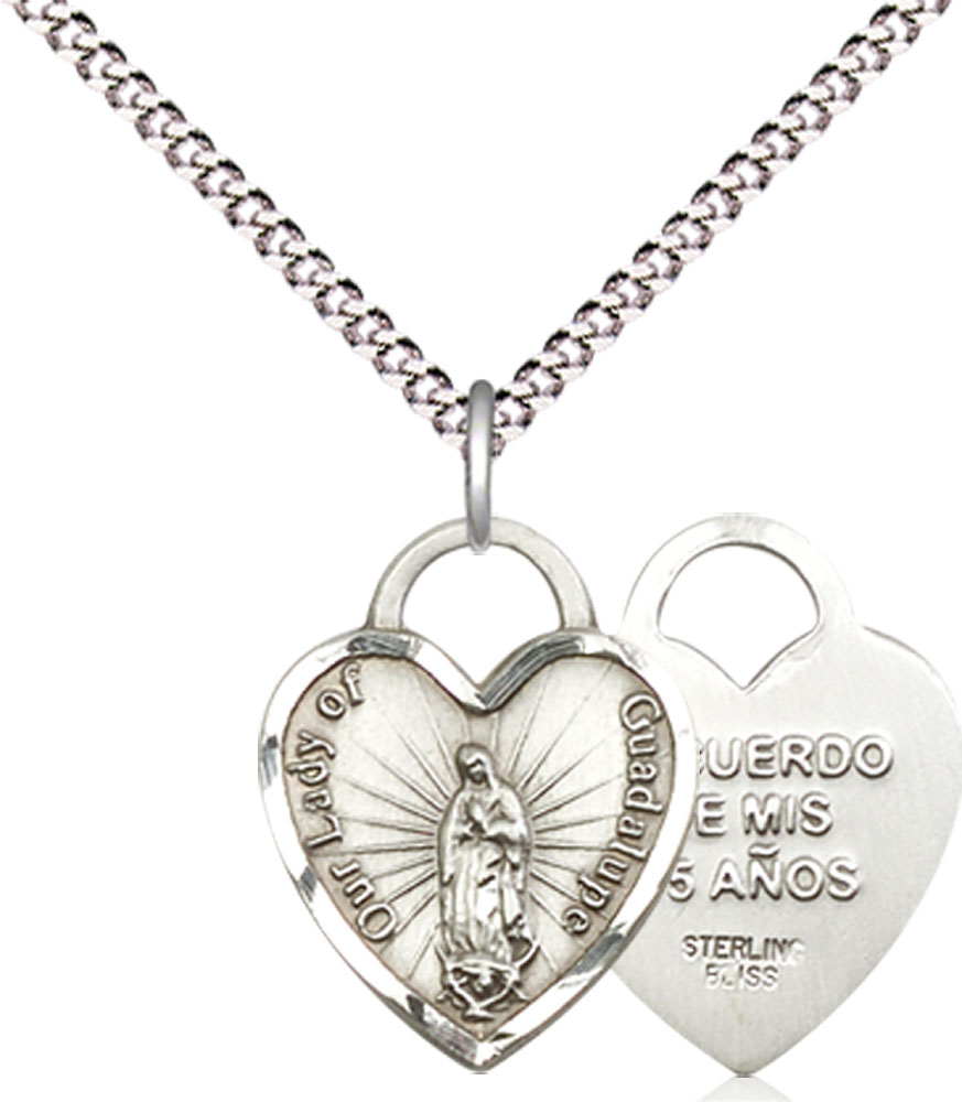 Sterling Silver Our Lady of Guadalupe Heart Pendant on a 18 inch Light Rhodium Light Curb chain