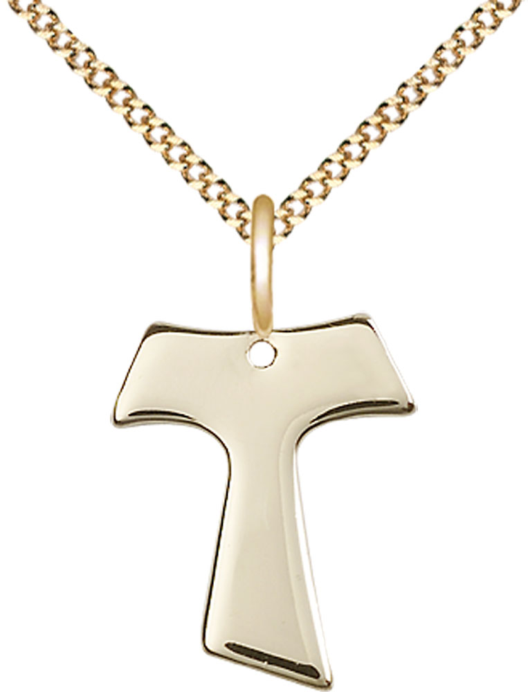 14kt Gold Filled Tau Cross Pendant on a 18 inch Gold Plate Light Curb chain
