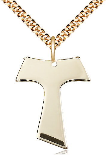 14kt Gold Filled Tau Cross Pendant on a 24 inch Gold Plate Heavy Curb chain