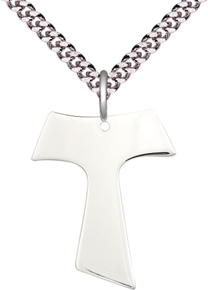 Sterling Silver Tau Cross Pendant on a 24 inch Light Rhodium Heavy Curb chain