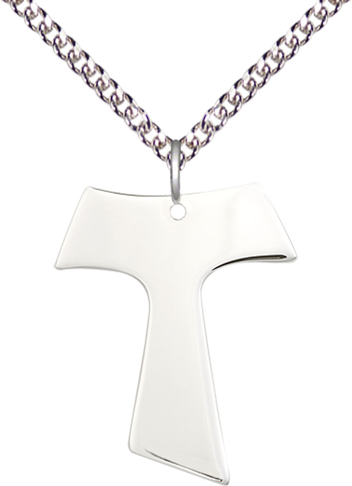 Sterling Silver Tau Cross Pendant on a 24 inch Sterling Silver Heavy Curb chain