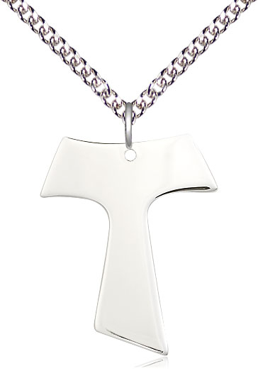 Sterling Silver Tau Cross Pendant on a 24 inch Sterling Silver Heavy Curb chain