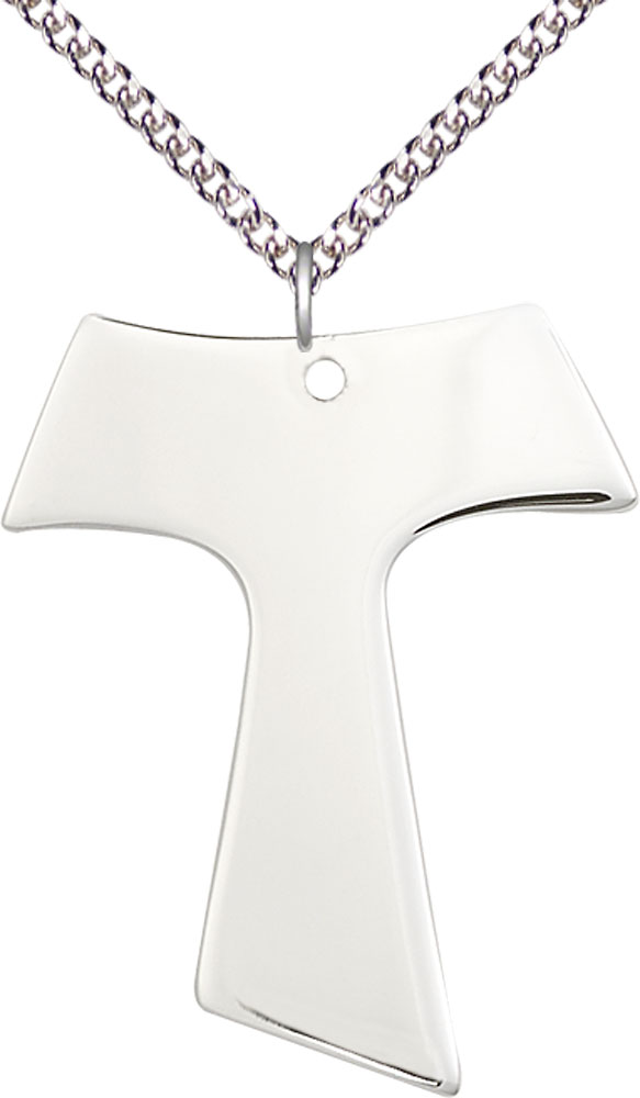 Sterling Silver Tau Cross Pendant on a 24 inch Sterling Silver Heavy Curb chain
