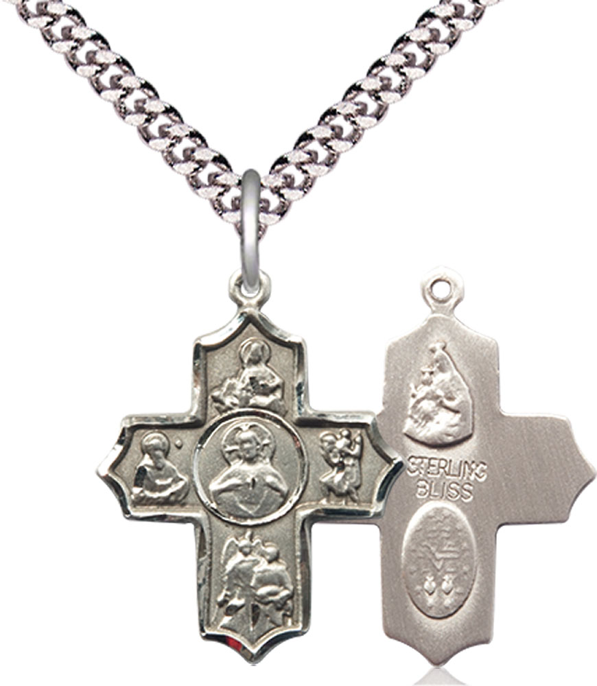 Sterling Silver Sacred Heart 5-Way Pendant on a 24 inch Light Rhodium Heavy Curb chain