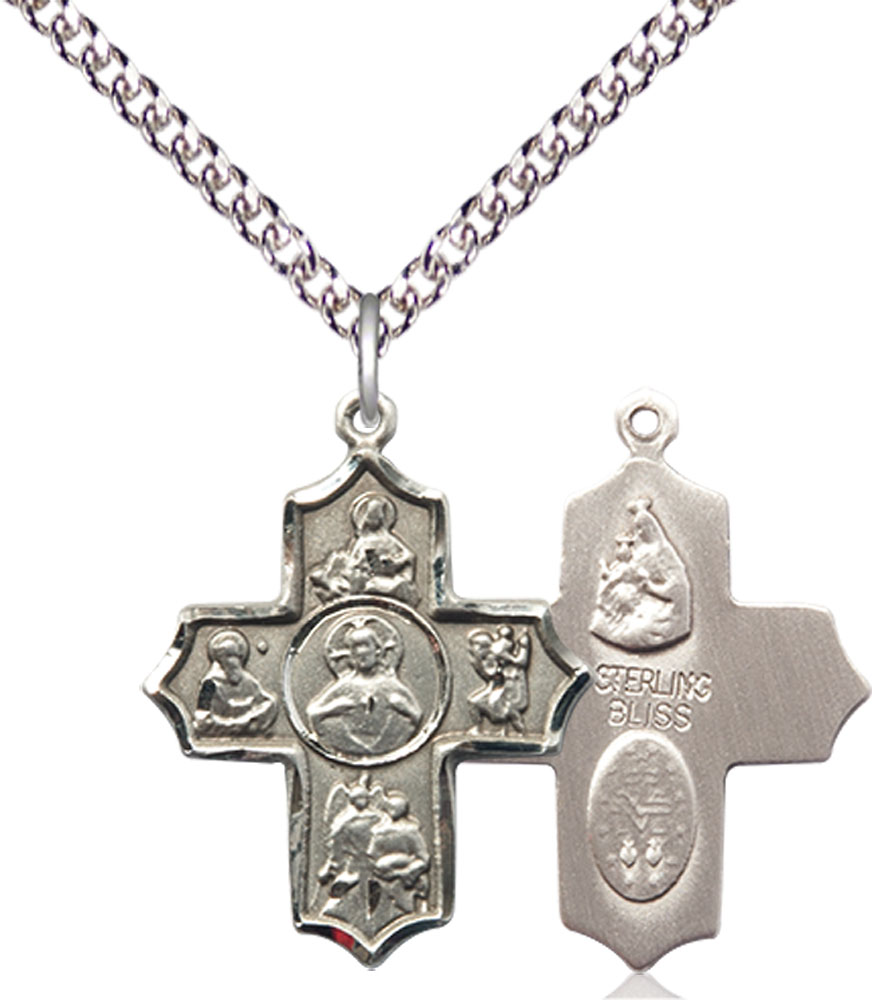 Sterling Silver Sacred Heart 5-Way Pendant on a 24 inch Sterling Silver Heavy Curb chain