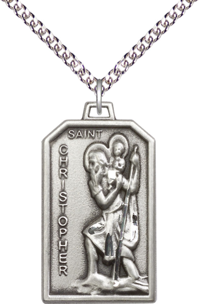 Sterling Silver Saint Christopher Pendant on a 24 inch Sterling Silver Heavy Curb chain