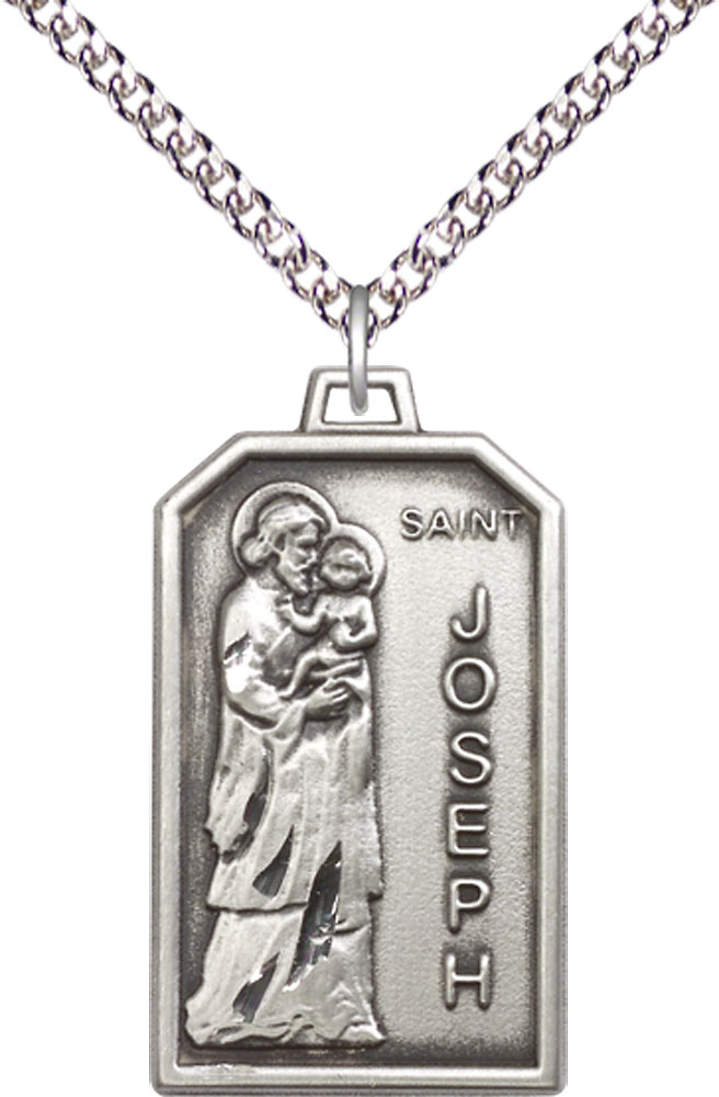 Sterling Silver Saint Jospeh Pendant on a 24 inch Sterling Silver Heavy Curb chain