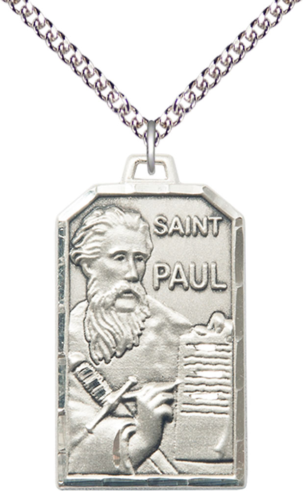 Sterling Silver Saint Paul the Apostle Pendant on a 24 inch Sterling Silver Heavy Curb chain
